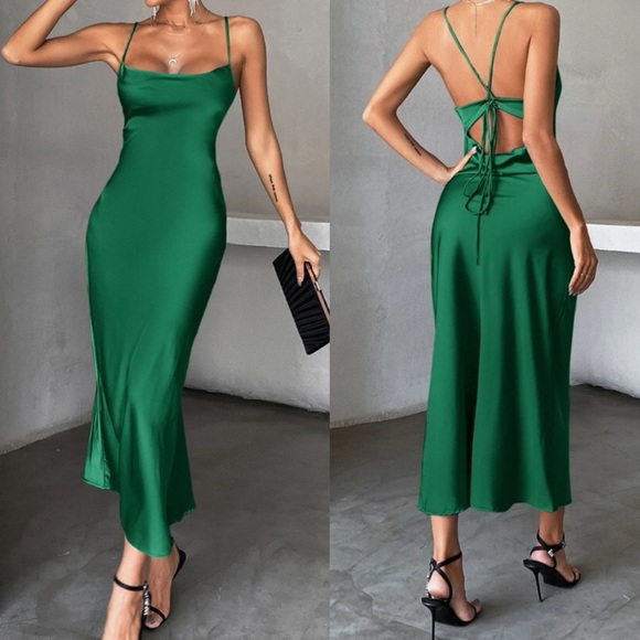 Luxe tie open back satin cami party formal evening wedding dress - Picture 6 of 16